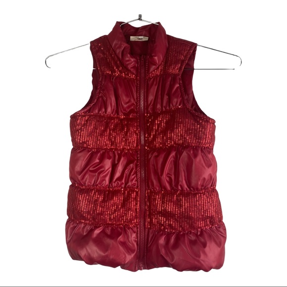 Red Sequined Puffer Zip Jacket Vest Sz S - Picture 5 of 6